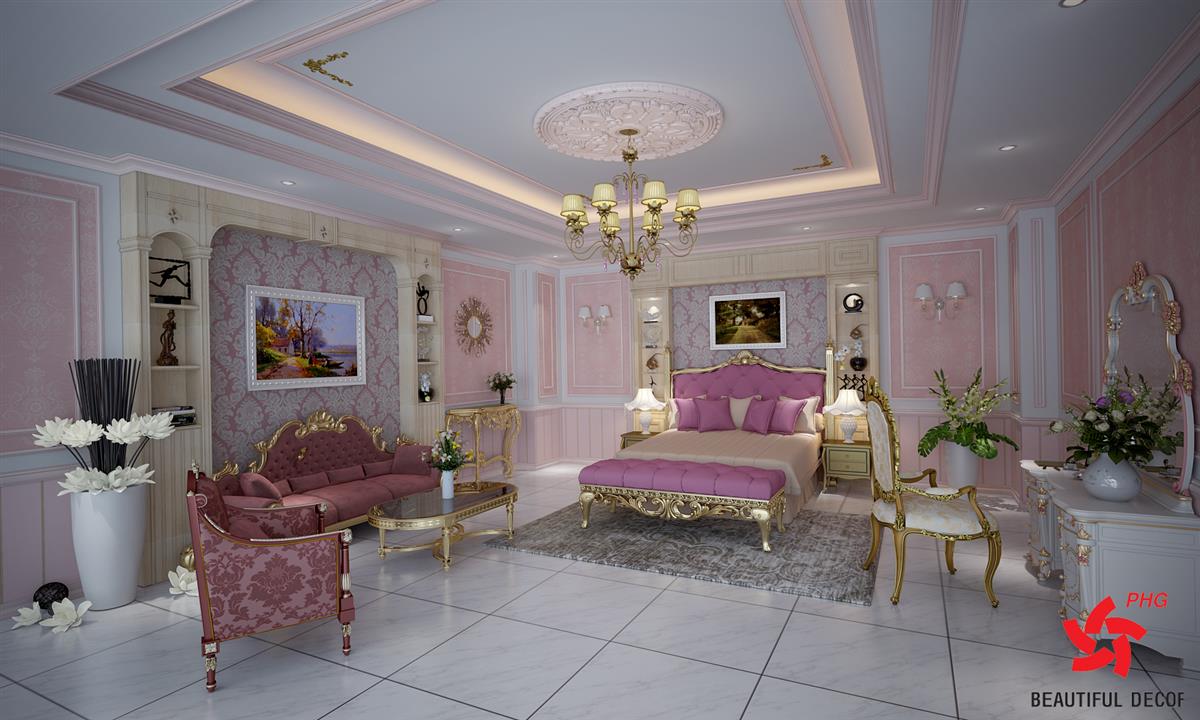 phào chỉ tân cổ điển trang trí phòng ngủ nữ tính
